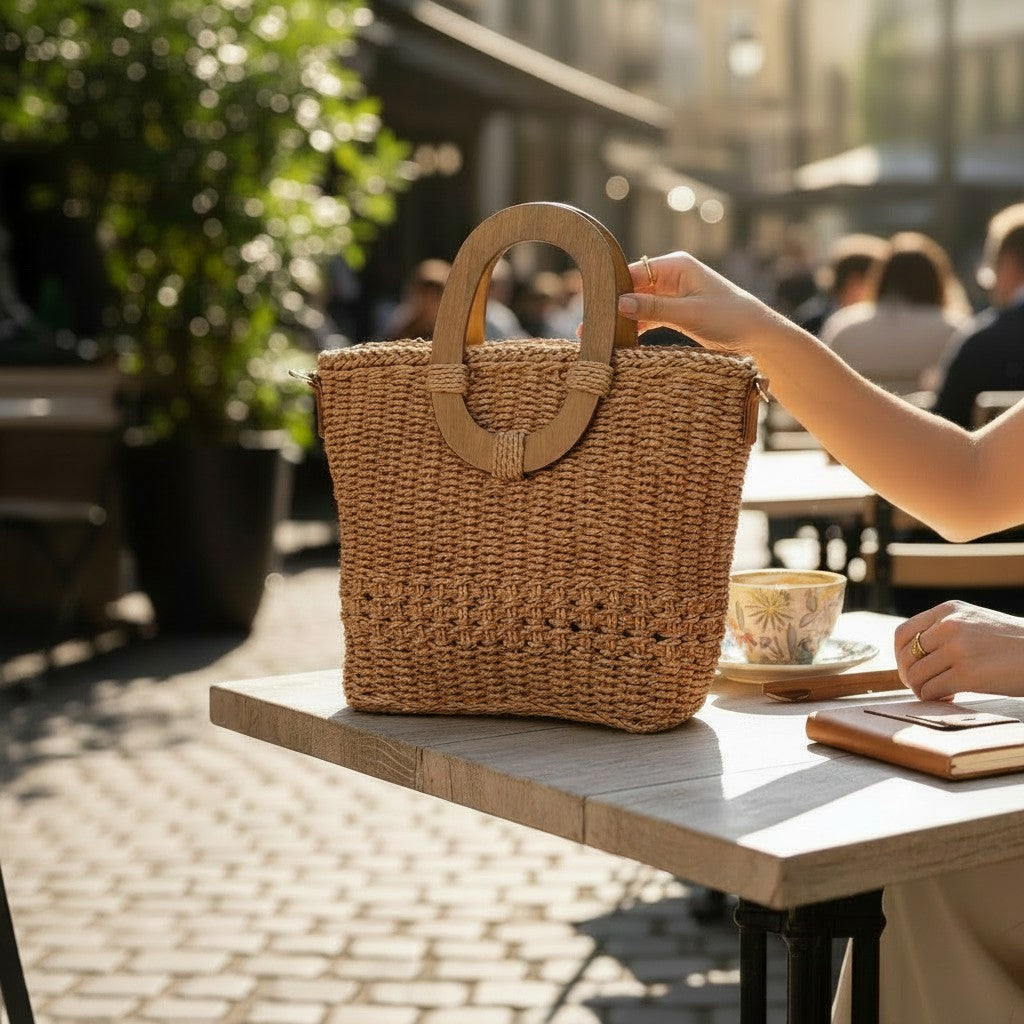 L and B Creations twine crocheted canvas handbag with round wooden handles and drawstring closure on a cafe table.