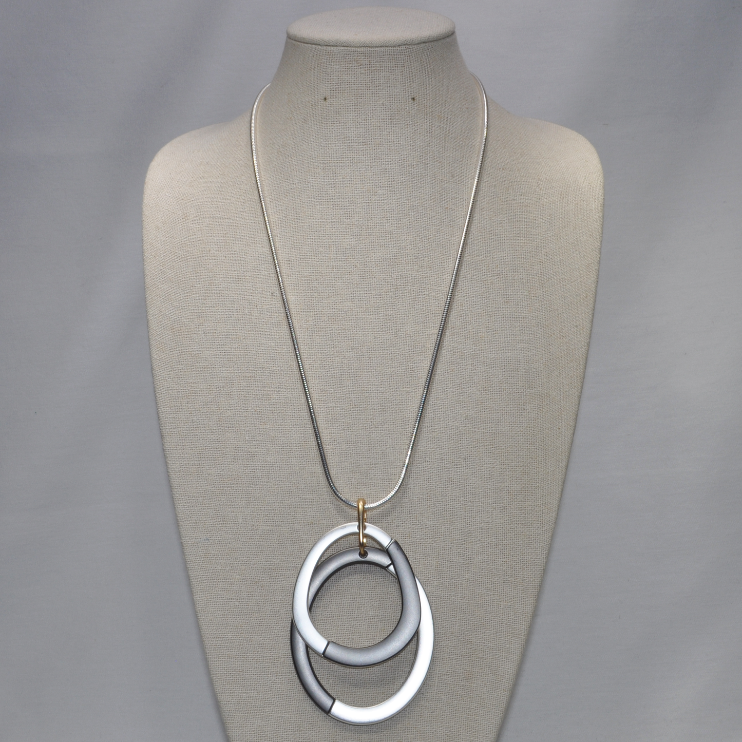 Long Snake Chain Necklace with Two-Tone Double Metal Circles Pendant