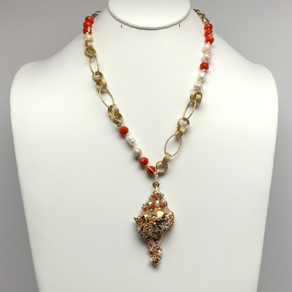 Long Crystal and Pearl Necklace with Beaded Conch Shell Pendant