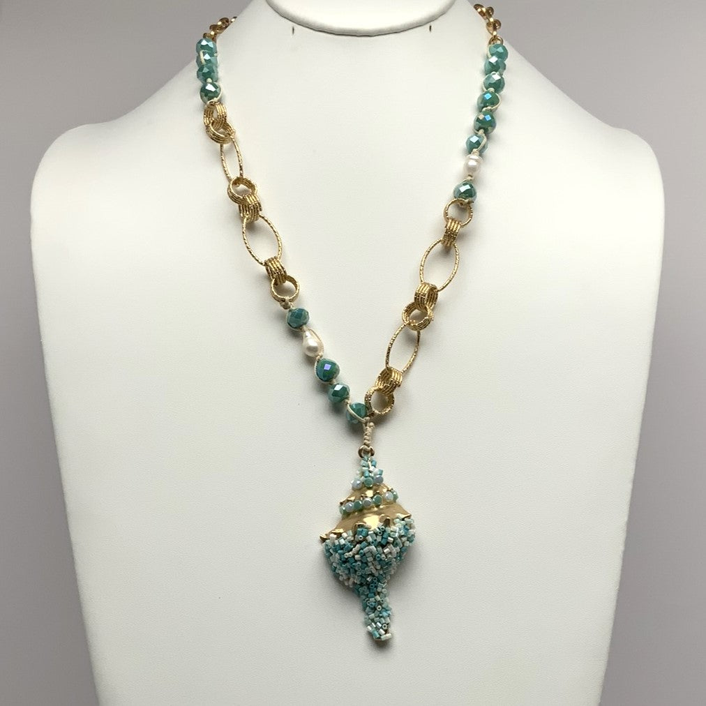 Long Crystal and Pearl Necklace with Beaded Conch Shell Pendant