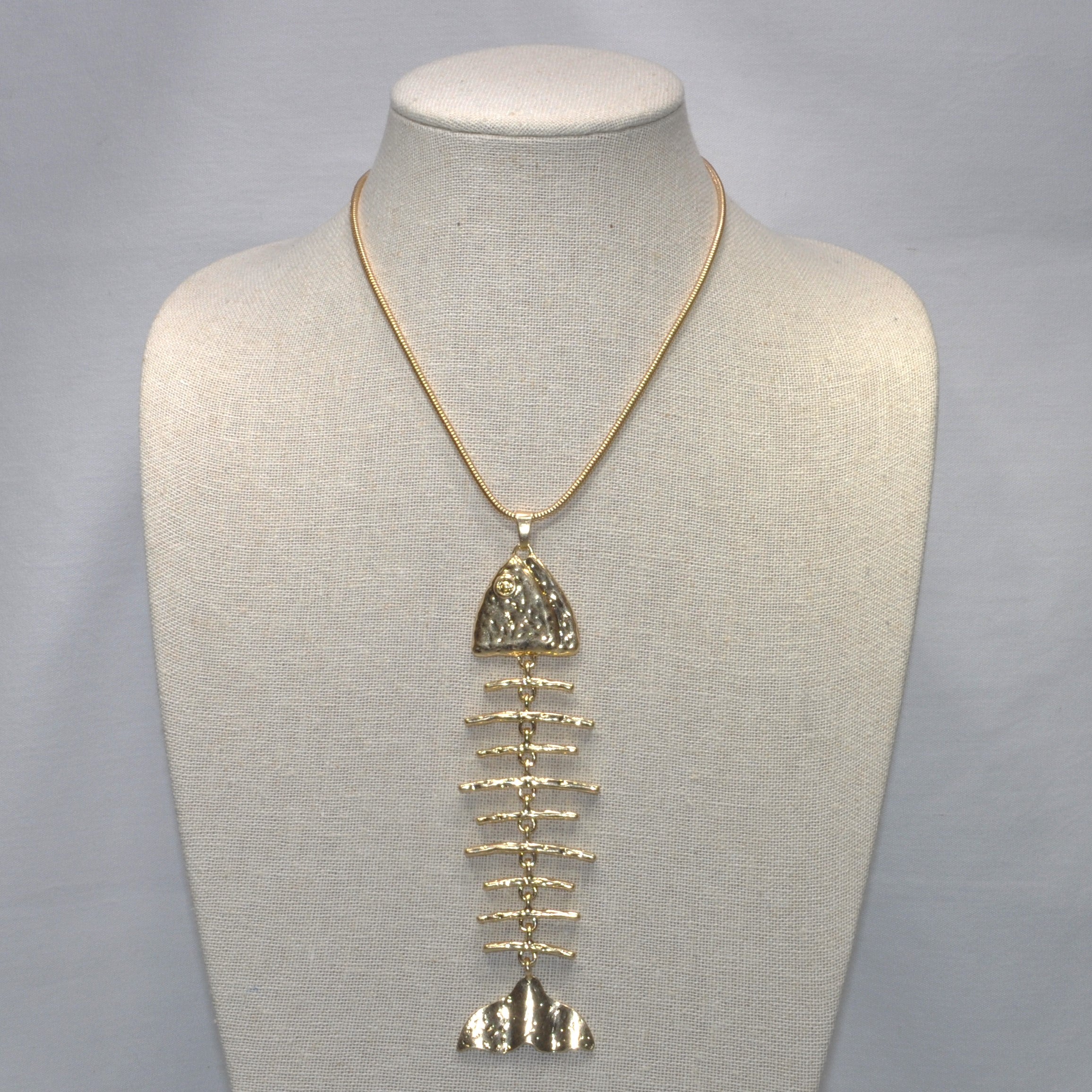 Long Metal Hammered Bone FIsh Necklace L and B Creations