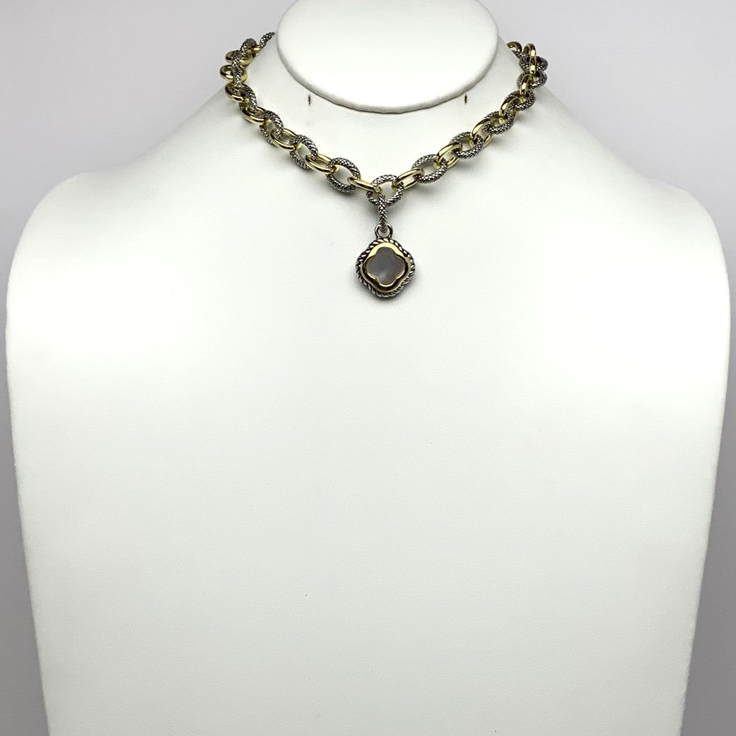 Short Designer Look Chain Link Necklace with Shell "+" Pendant