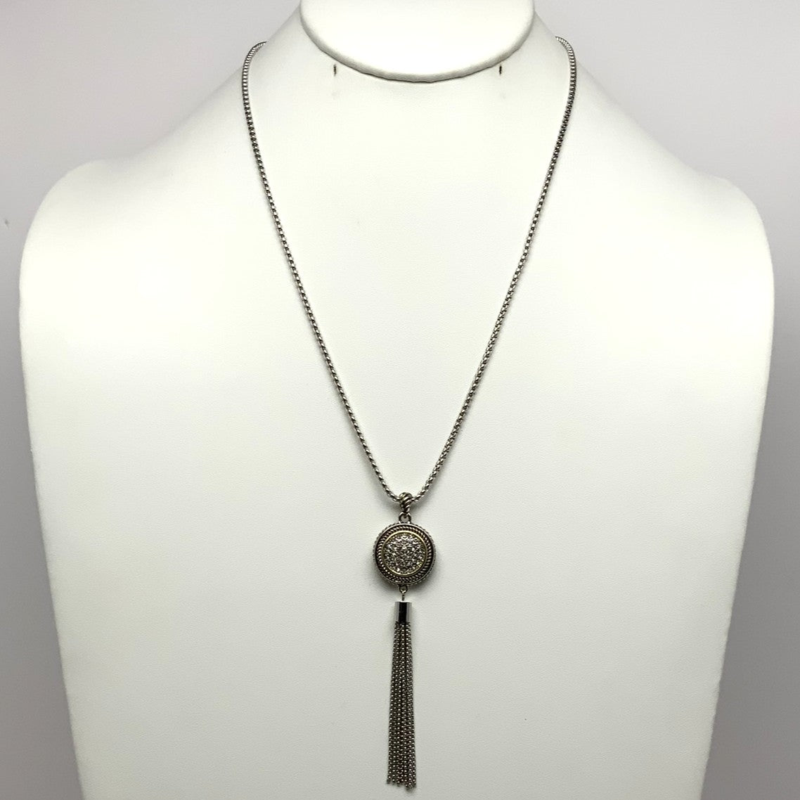 Long Designer Look Tassel Necklace with CZ Crusted Circle