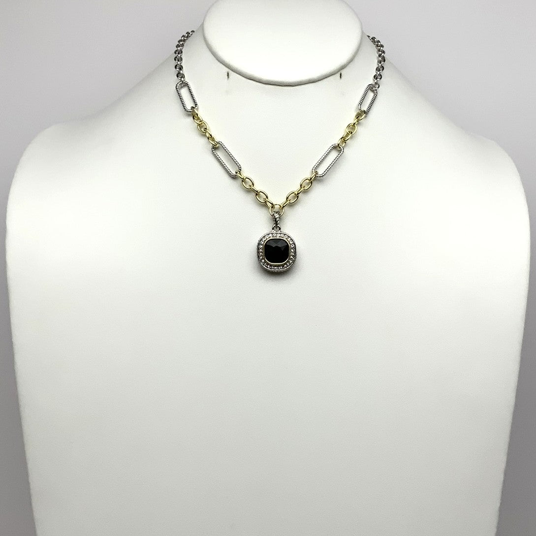 Short Designer Look Chain Link Necklace with CZ Square Pendant