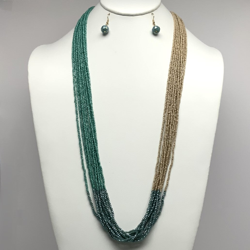 Long Multi Strand Necklace Set with Sea Beads and Crystals