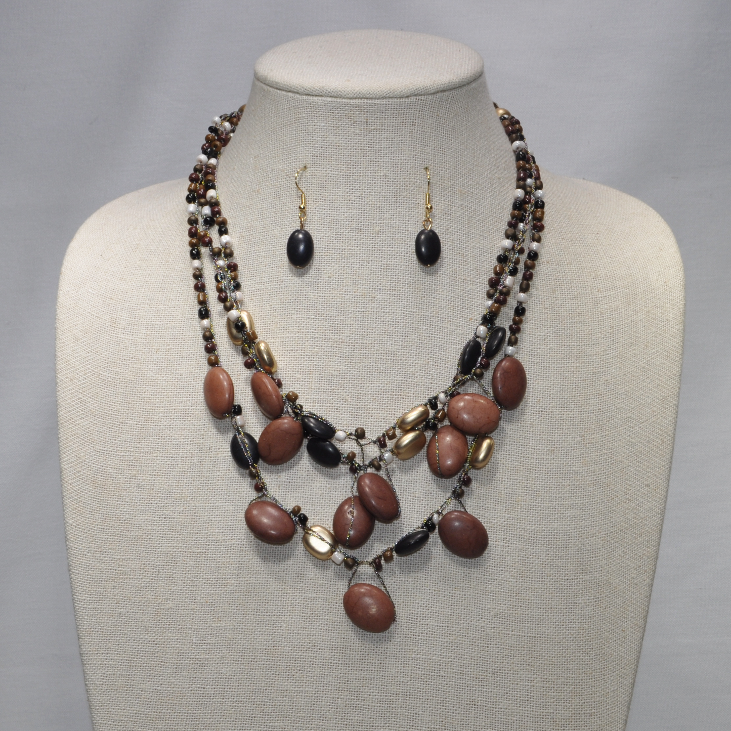 Three Strand Short Wood Bead Necklace Set
