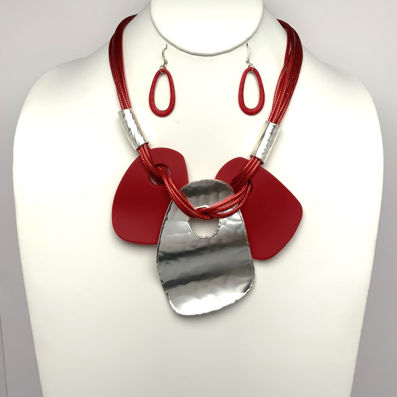 Vinyl Cords with Textured Metal and Flat Lucite Geo Rectangles Necklace Set