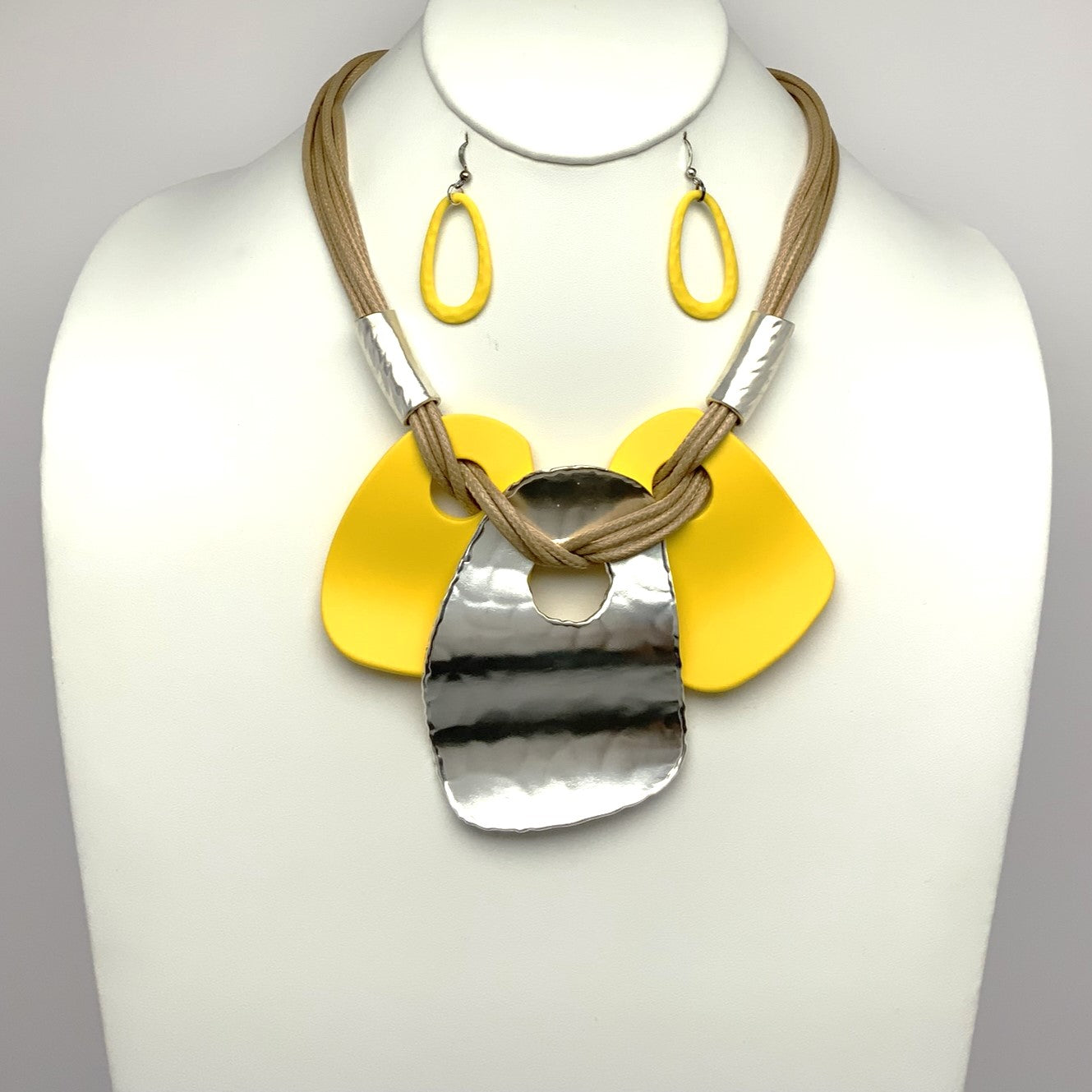 Vinyl Cords with Textured Metal and Flat Lucite Geo Rectangles Necklace Set