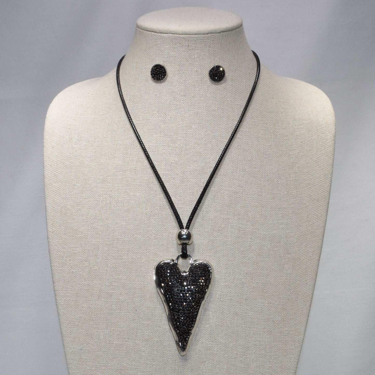 Long Vinyl Cord with Pave Bling Heart Pendant Necklace Set