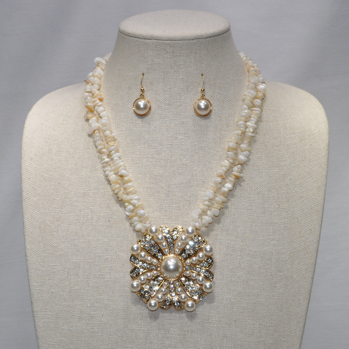 Short Two Strand Shell Nugget with Round Metal Pearl and Rhinestone Pendant