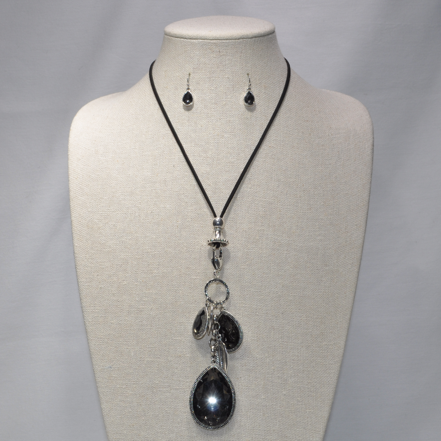 Long Vinyl Cord with Crystal Tear Drop Cluster and Heart