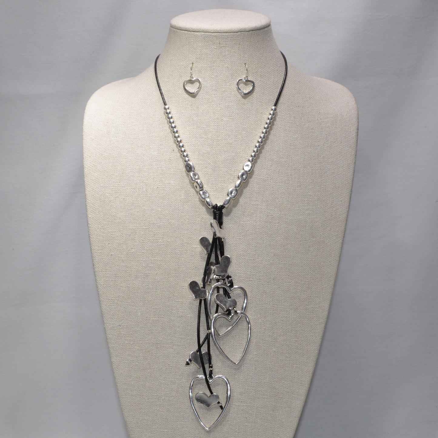 Long Vinyl Cord with Beads and Heart Tassels Necklace Set