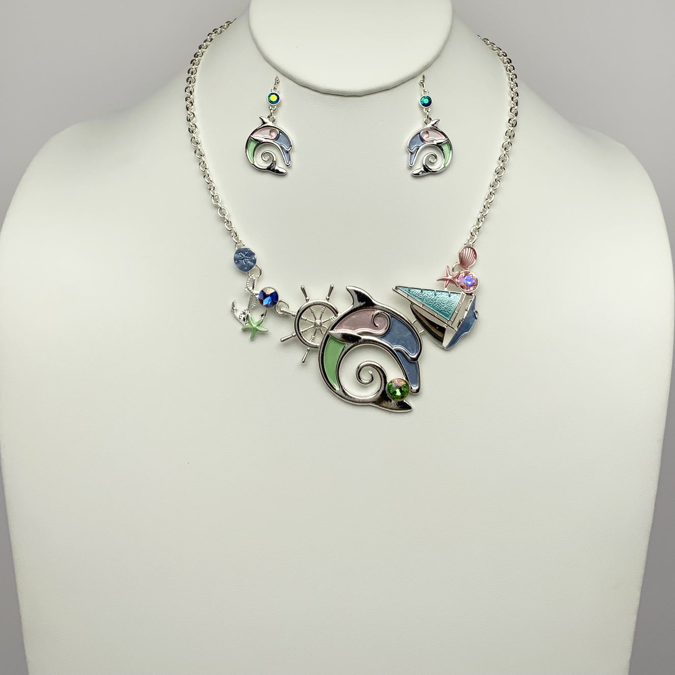 Nautical Dolphin Boat Enamel Necklace Set