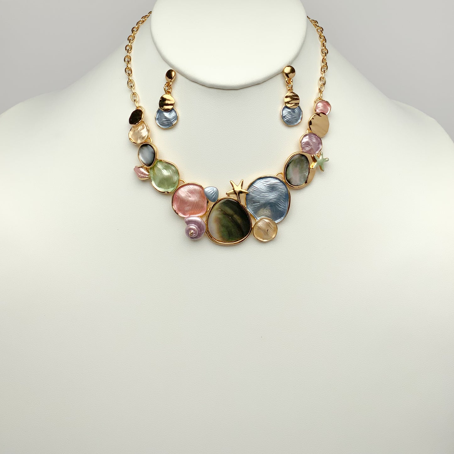 Abalone and Enamel Bib Style Necklace Set