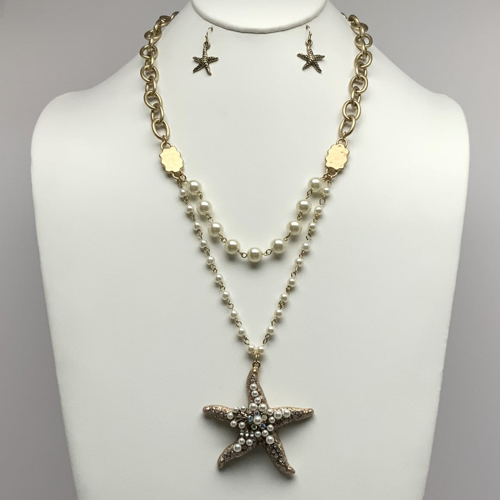 Long Chain Link and Pearl Necklace Set with Starfish Pendant