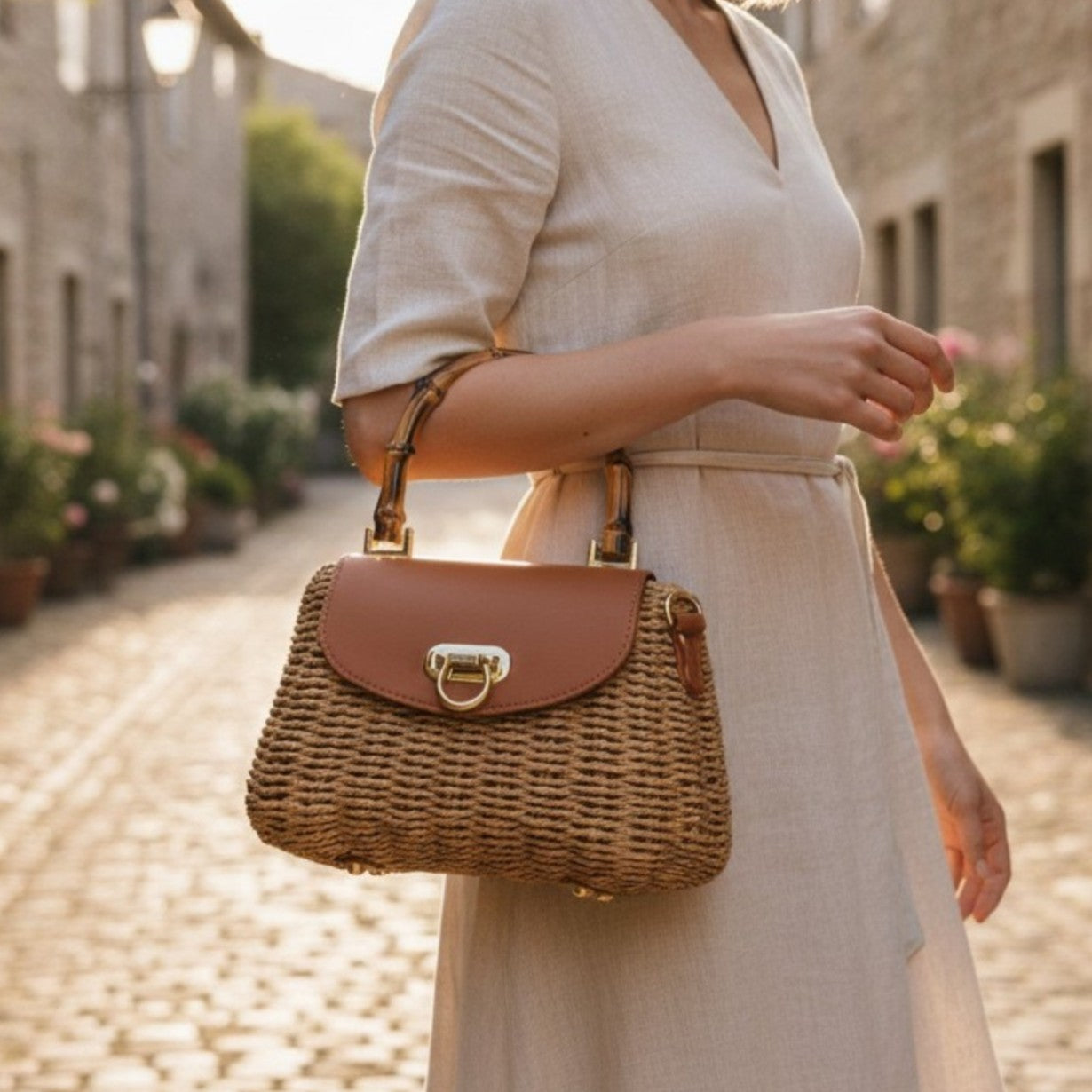 Twine Lock Bamboo Handle Handbag