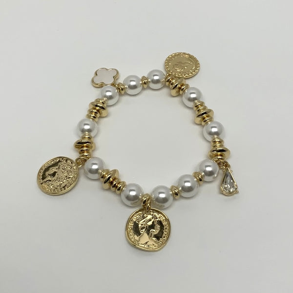 Pearl Bead Mix w/ Coin Pendant Bracelet