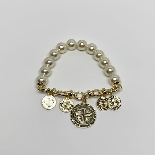 Pearl Beaded Coin Charmed Bracelet