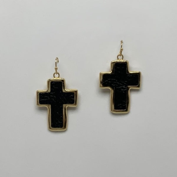 Faux Leather Metal Cross Earrings