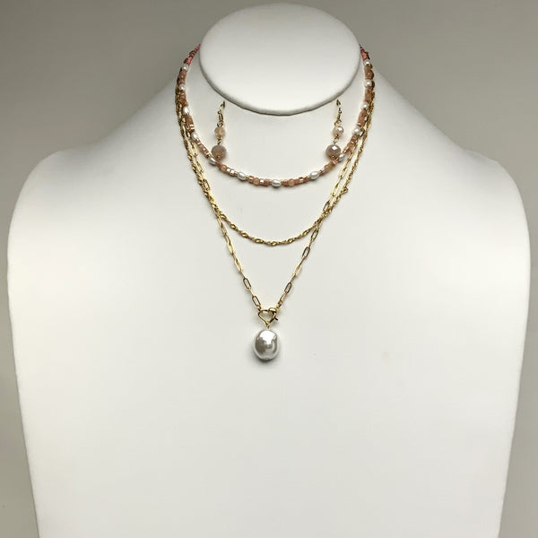 Layered Crystal Beaded Pearl Necklace Set