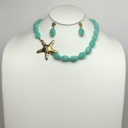 Lucite Marble Design Beaded Textured Starfish Necklace