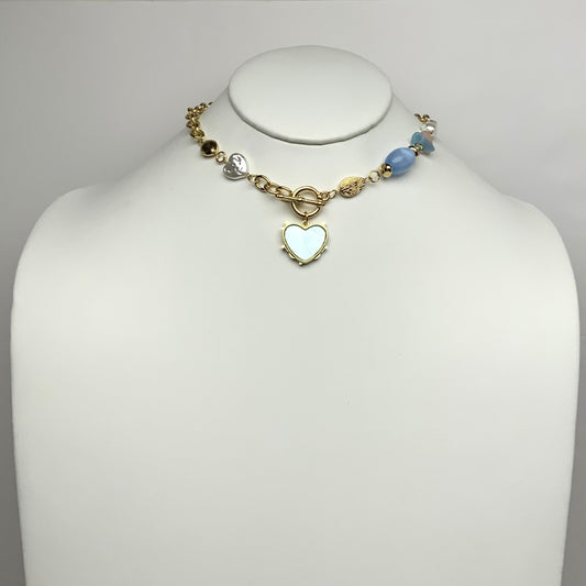 Pearl Metal Lucite Heart Pendant Toggle Necklace