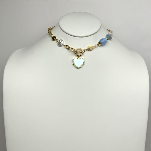 Pearl Metal Lucite Heart Pendant Toggle Necklace