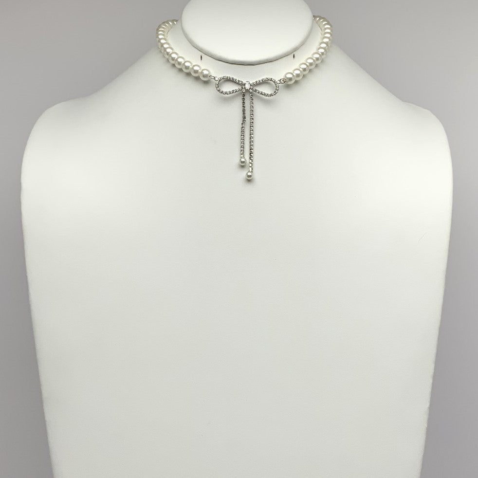 Pearl Crystal Bow Necklace