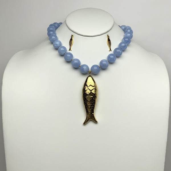 Lucite Marble Design Beads Fish Pendant Necklace