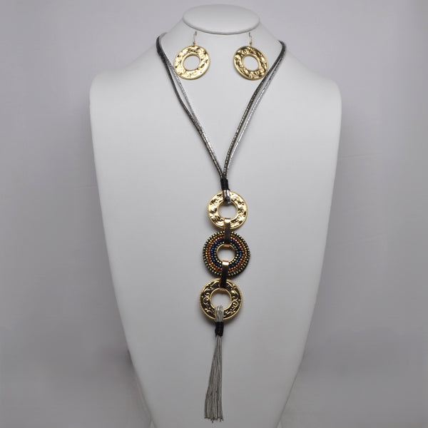 Long Metallic Cord Circles Drop Necklace Set