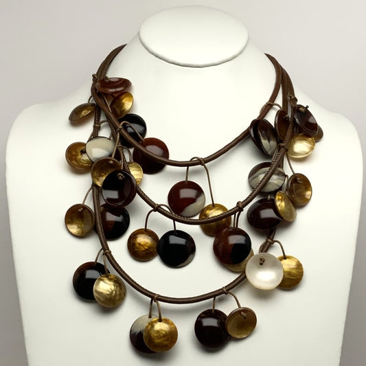 Layered Faux Leather Cord w/ Circle Lucite Necklace