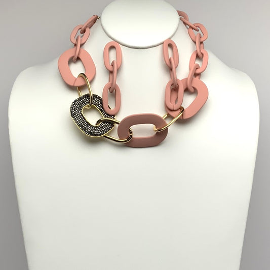 Rubber Coated Ovals and Rhinestone Bling Oval Chain Link Necklace Set