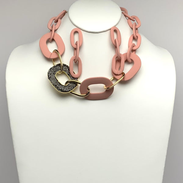 Rubber Coated Ovals and Rhinestone Bling Oval Chain Link Necklace Set