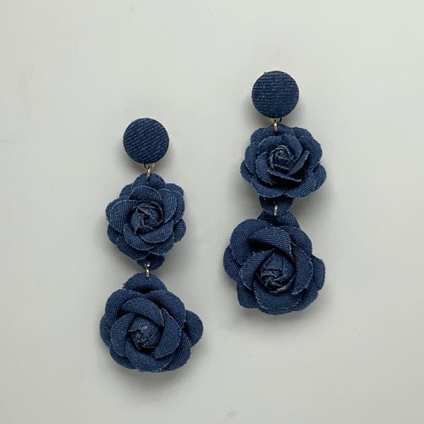 Denim Rose Drop Stud Earrings