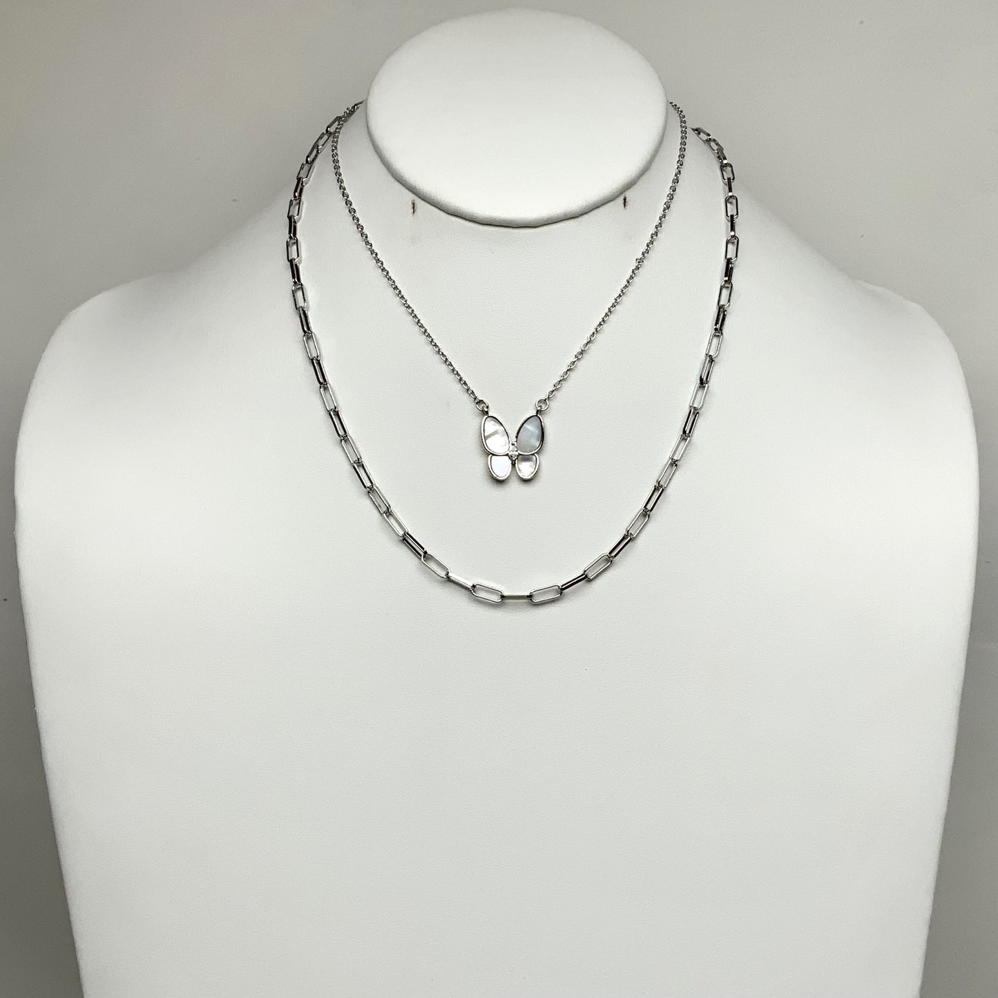 Short Double Layer Paper Clip Look Chain Link With MOP Butterfly