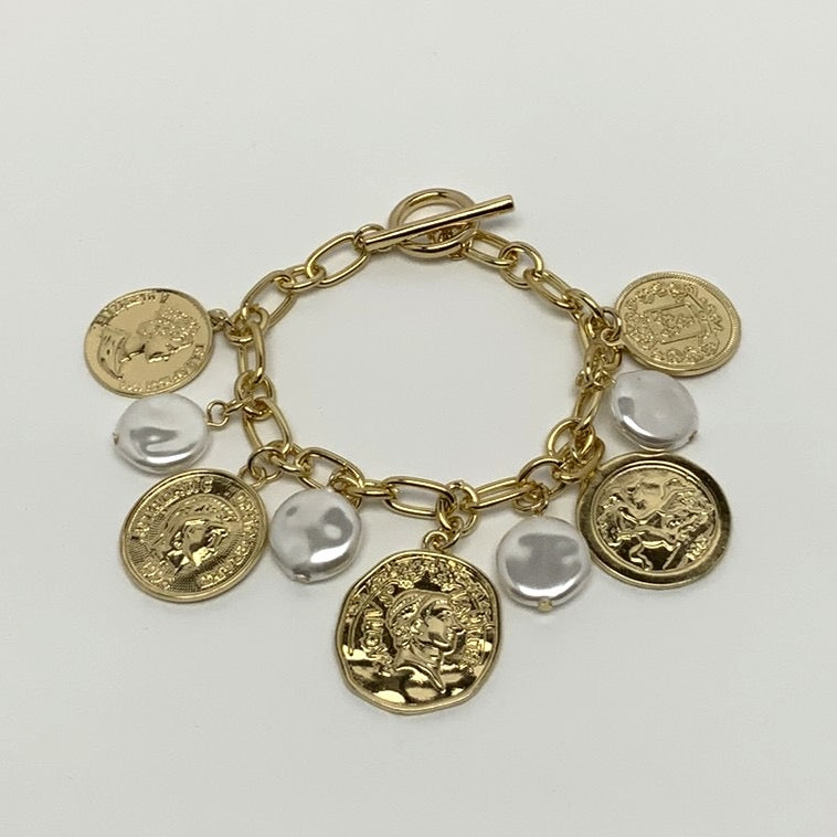 Statement Coin Charm Pearl Bracelet