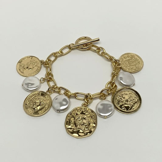 Statement Coin Charm Pearl Bracelet