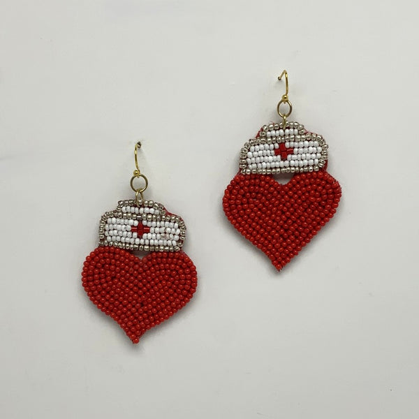 Beaded Nurse Heart Earrings
