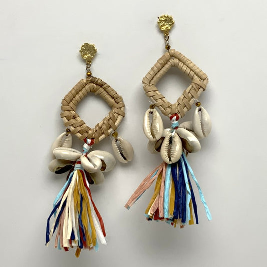 Cowrie Shell Tassel Friction Back Earrings
