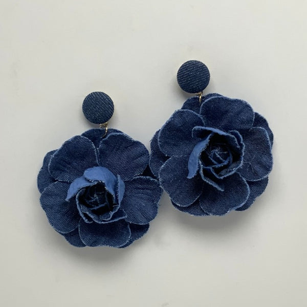 Denim Flower Statement Earrings