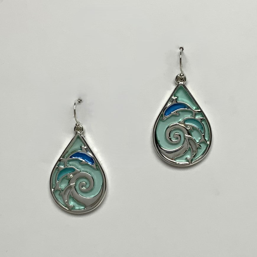 Teardrop Enamel Dolphin Wave Earrings