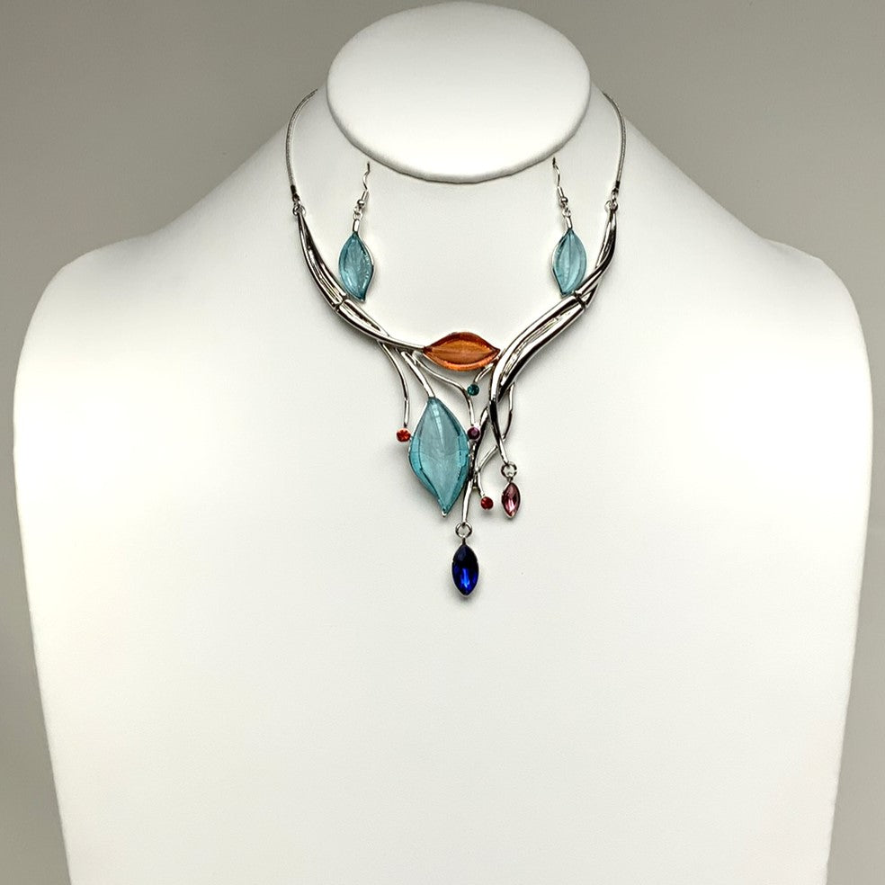 Lucite Crystal Leaf Drop Necklace