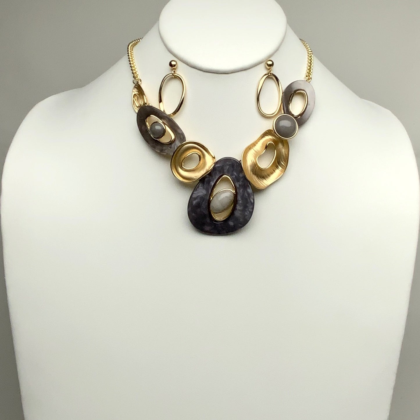 Short Enamel/Lucite and Metal Bib Style Necklace Set