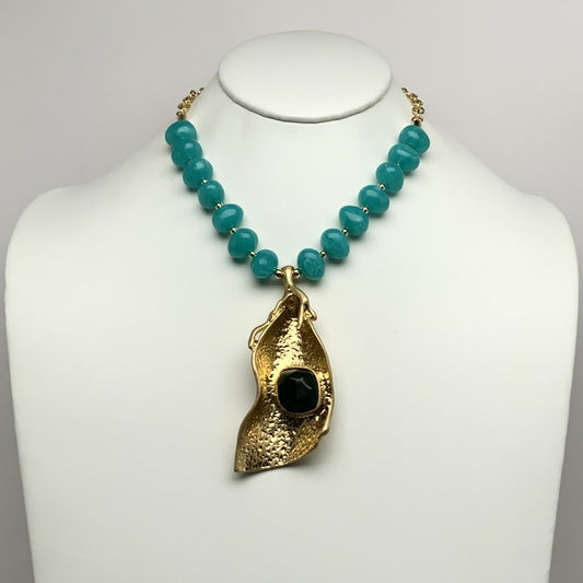 Half Lucite Bead Curved Metal Piece Drop Necklace
