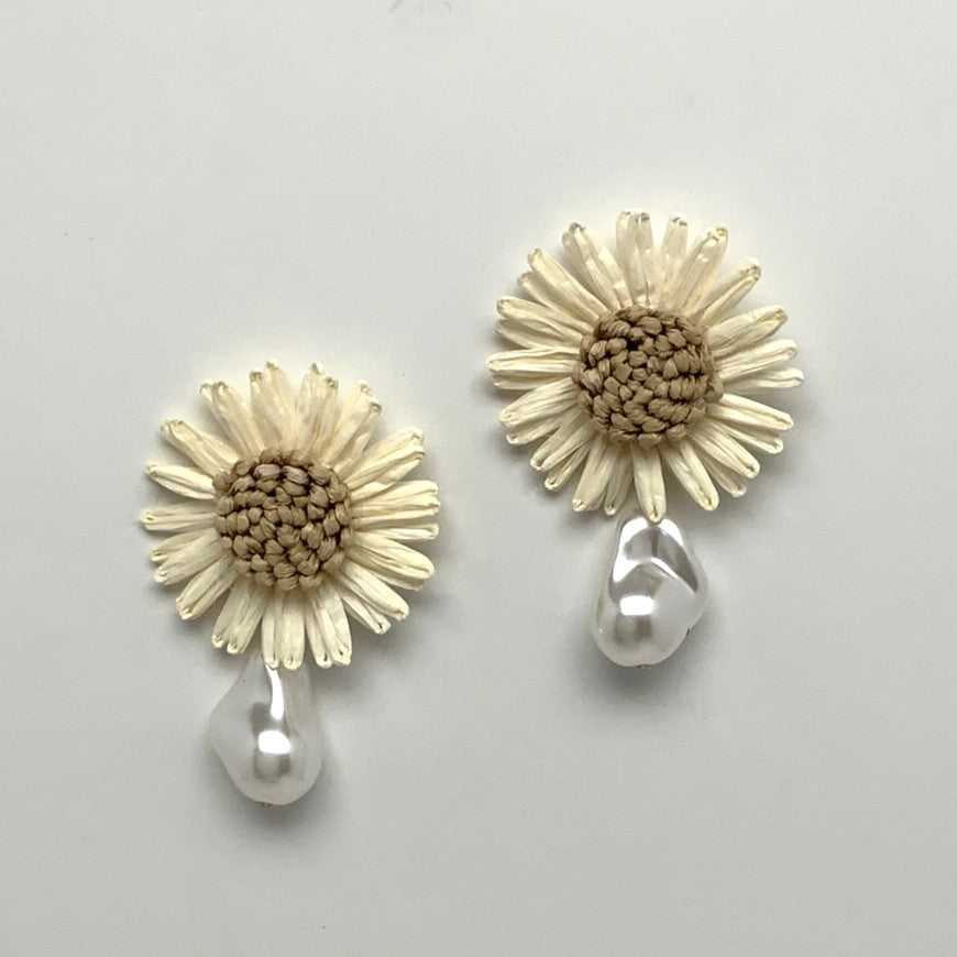 Paper Twine Flower Pearl Drop Earrings