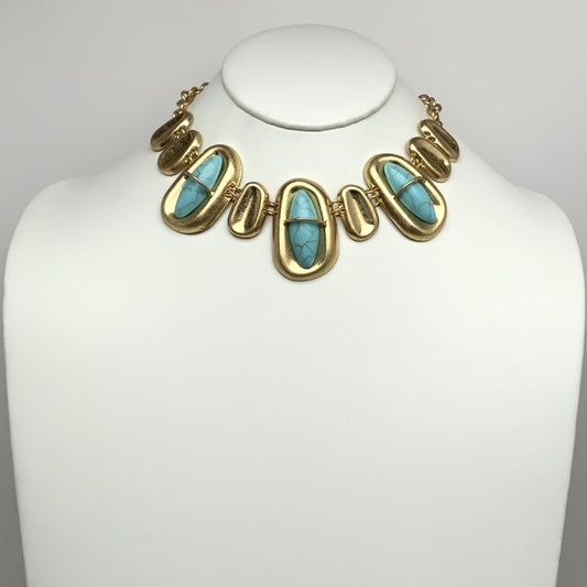 Turquoise Lucite Stone Metal Bib Style Necklace