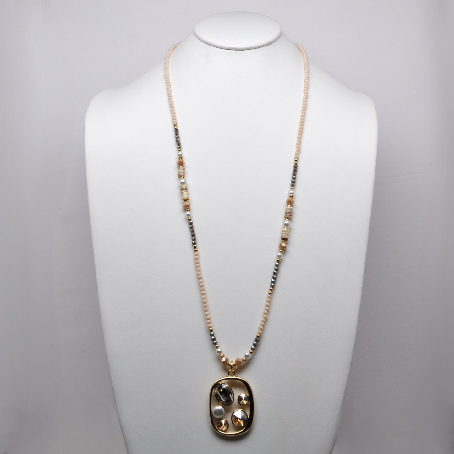 Long Small Beaded Crystal Pearl Cluster Pendant Necklace