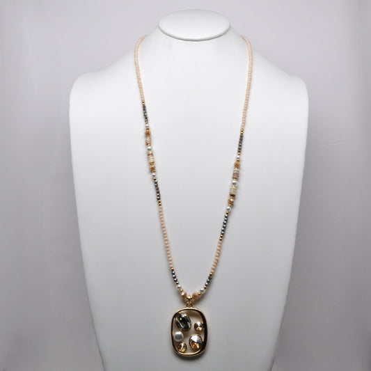 Long Small Beaded Crystal Pearl Cluster Pendant Necklace