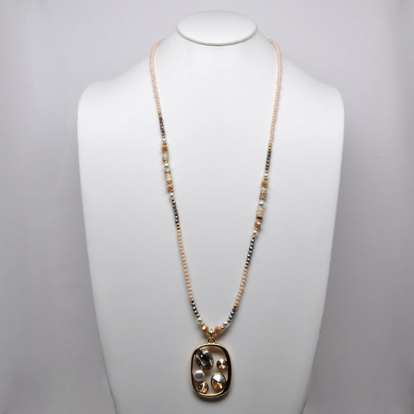 Long Small Beaded Crystal Pearl Cluster Pendant Necklace