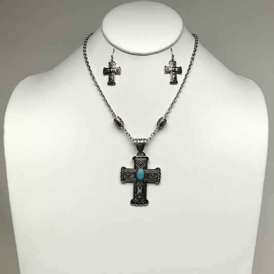 Western Turquoise Cross Necklace Set